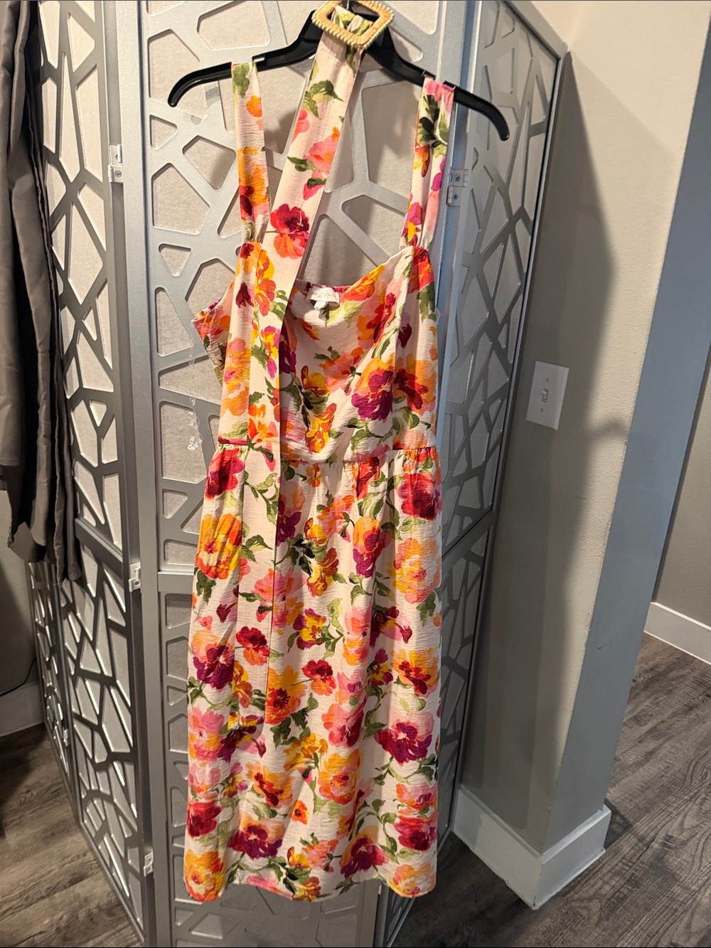 june & hudson White Floral Midi Dress with Bright Orange, Pink & Green Blooms